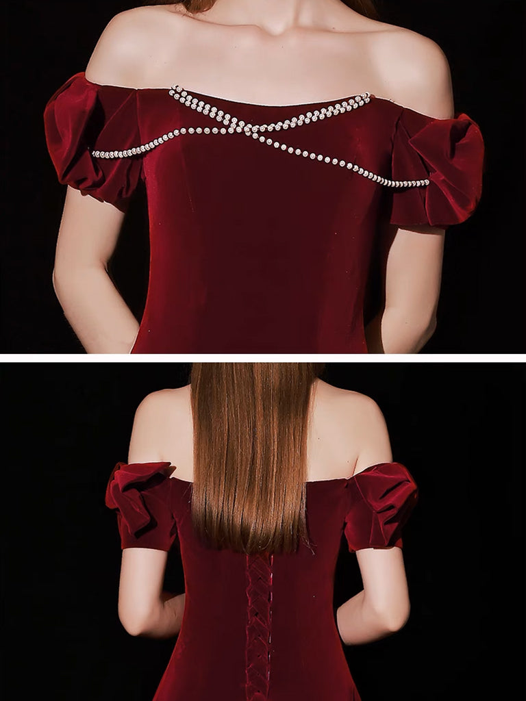 Simple Velvet Burgundy Long Prom Dress, Burgundy Long Formal Dress