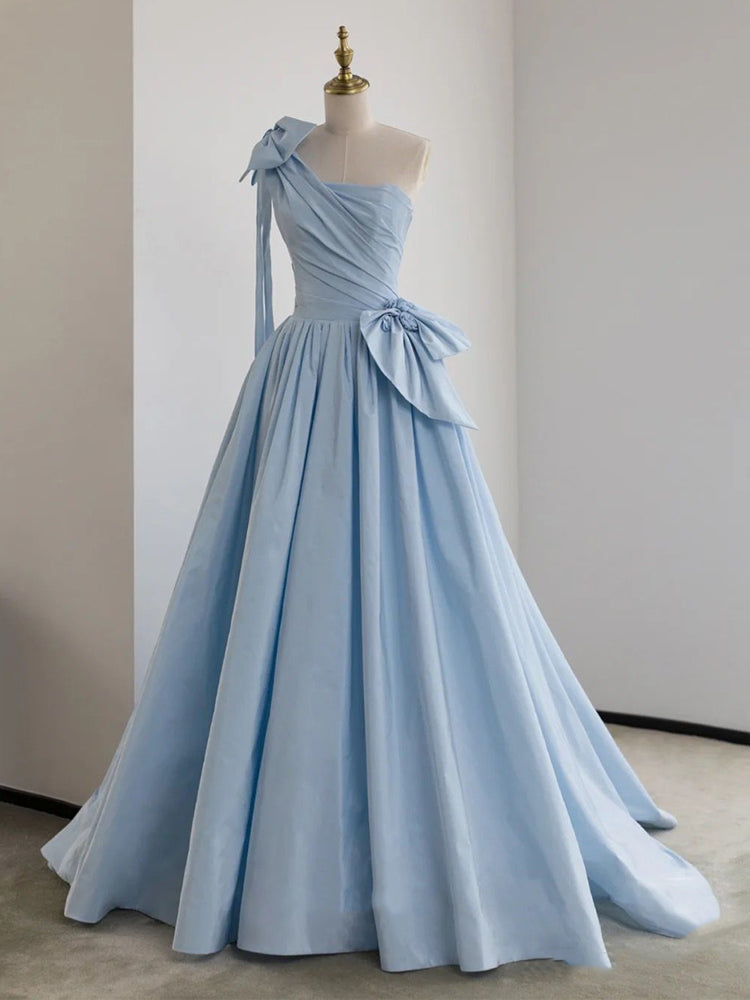 A-Line One Shoulder Satin Blue Long Prom Dresses, Blue Formal Evening Dress