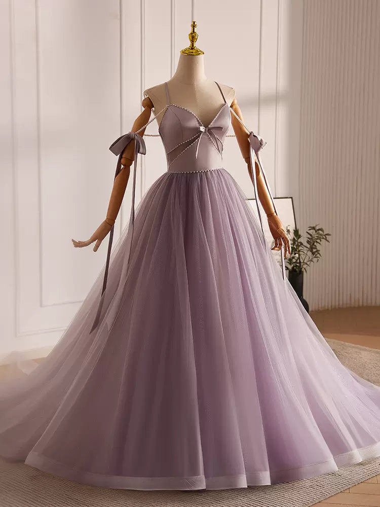 A-Line V Neck Tulle Beads Purple Long Prom Dress, Purple Long Formal Dress