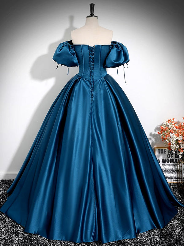 Peacock Blue Satin High Neck Prom Dress With Lace Appliques,WP029