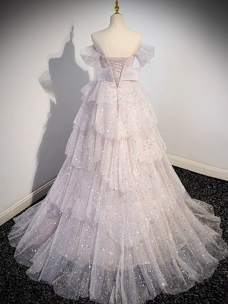 A-line Off Shoulder Tulle Sequin Light Pink Long Prom Dress,Sequin Long Evening Dress