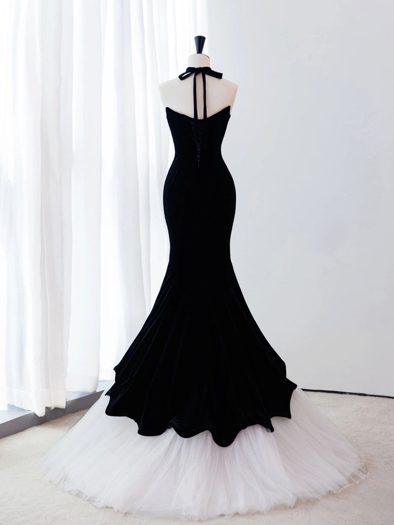 Black Mermaid Velvet Tulle Long Prom Dress, Black Evening Dress
