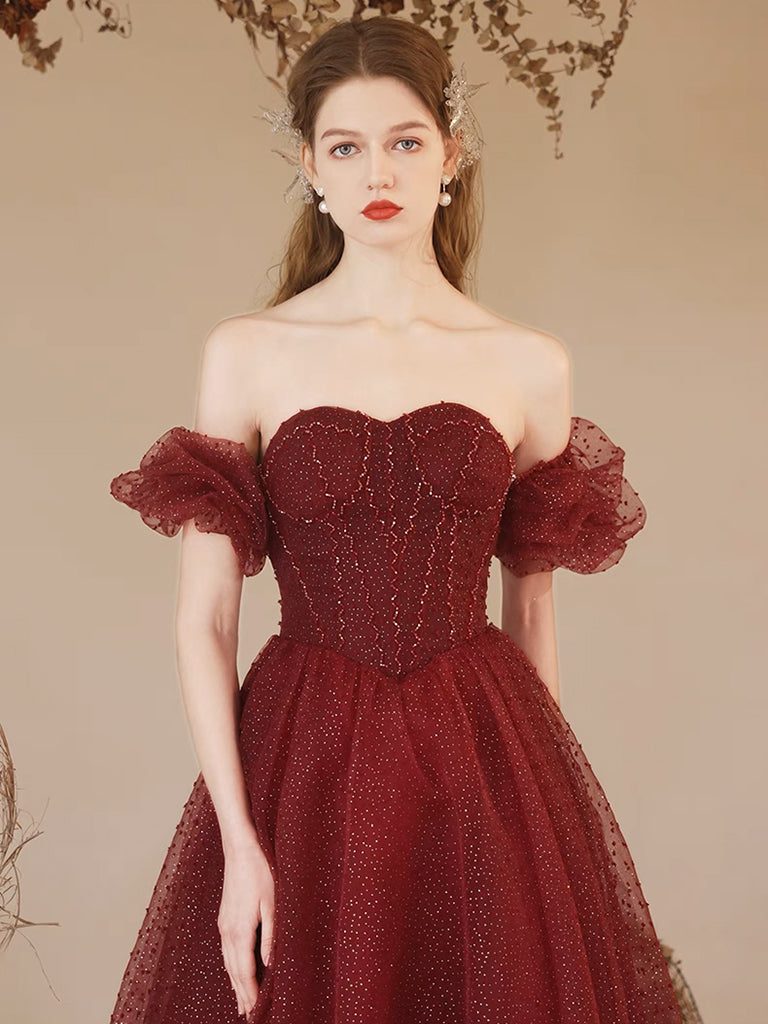 A-Line Sweetheart Neck Tulle Burgundy Long Prom Dress, Burgundy Long Formal Dress