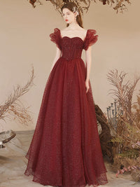 A-Line Sweetheart Neck Tulle Burgundy Long Prom Dress, Burgundy Long Formal Dress