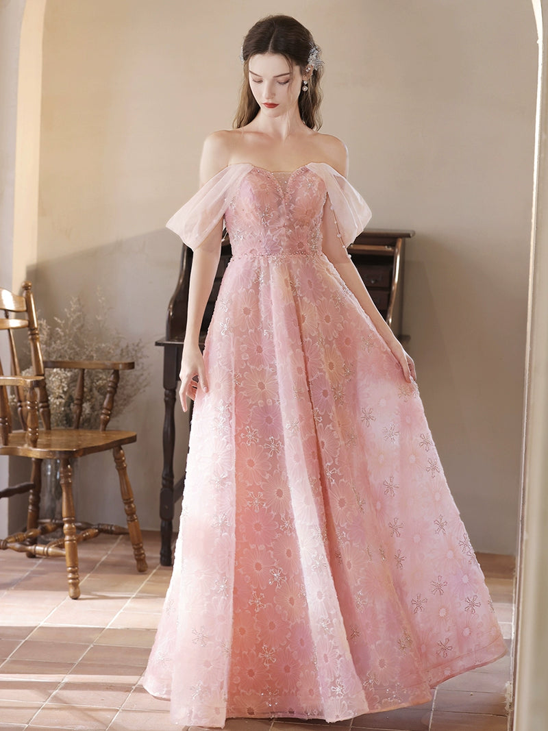 Pink A-Line Off Shoulder Tulle Lace Long Prom Dress, Pink Lace Long Evening Dress
