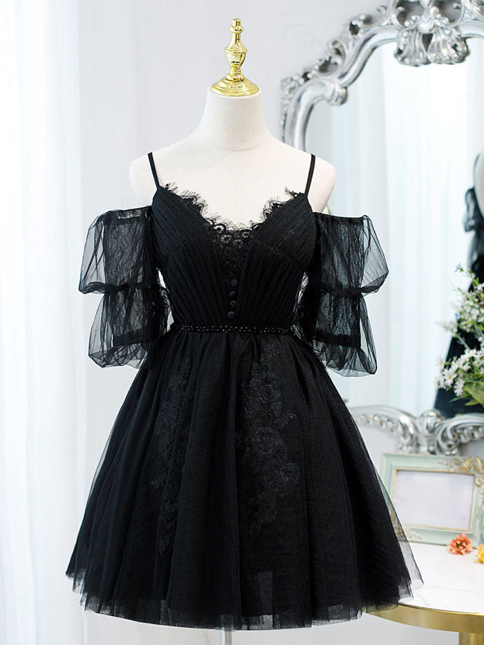 Black A-Line Tulle Lace Short Prom Dress, Black Homecoming Dresses