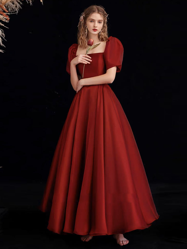 A-Line Organza Burgundy Long Prom Dress, Burgundy Long Formal Dress