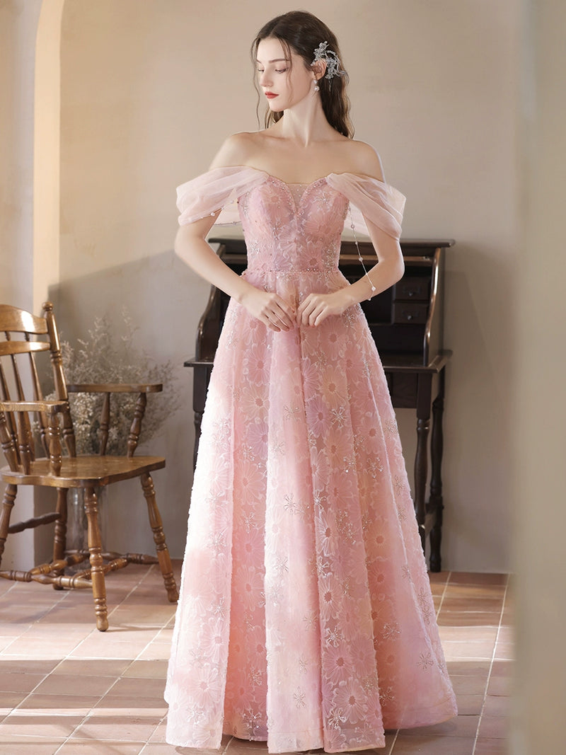 Pink A-Line Off Shoulder Tulle Lace Long Prom Dress, Pink Lace Long Evening Dress