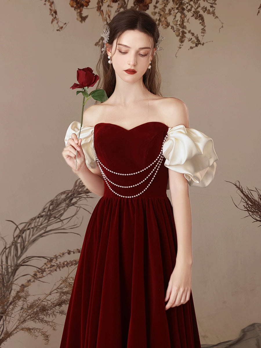 velvet burgundy dress A-Line Sweetheart Neck Velvet Burgundy Long Prom Dress, Burgundy Long – toptby