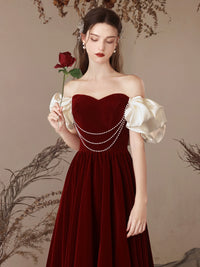 A-Line Sweetheart Neck Velvet Burgundy Long Prom Dress, Burgundy Long Evening Dress