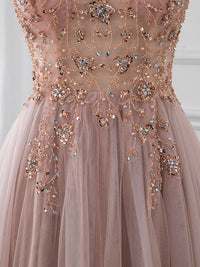 A-Line V Neck Tulle Beading Pink Long Prom Dress. Pink Formal Dress