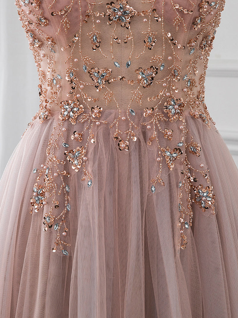 A-Line V Neck Tulle Beading Pink Long Prom Dress. Pink Formal Dress toptby A-Line V Neck Tulle Beading Pink Long Prom Dress. Pink Formal Dress toptby