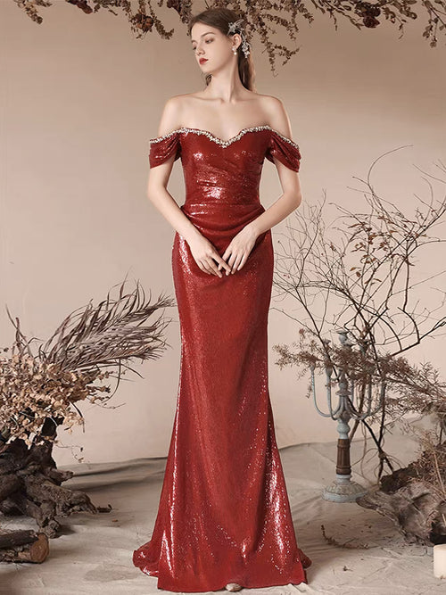 Classy Mermaid Off The Shoulder Burgundy Long Party Dress Sequin Prom Dresses