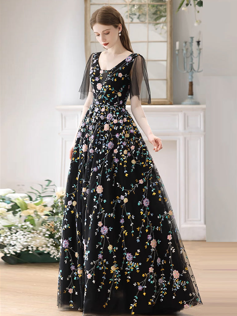 Black A-Line Tulle Lace Long Prom Dress, Black Long Evening Dress