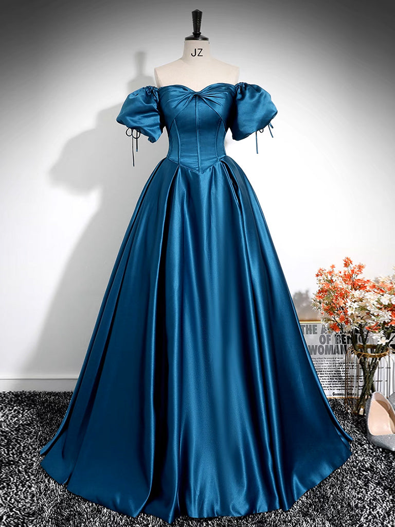 A-Line Puff Sleeves Satin Peacock Blue Long Prom Dress, Peacock Blue Long Formal Dress A-Line Puff Sleeves Satin Peacock Blue Long Prom Dress, Peacock Blue Long Formal Dress