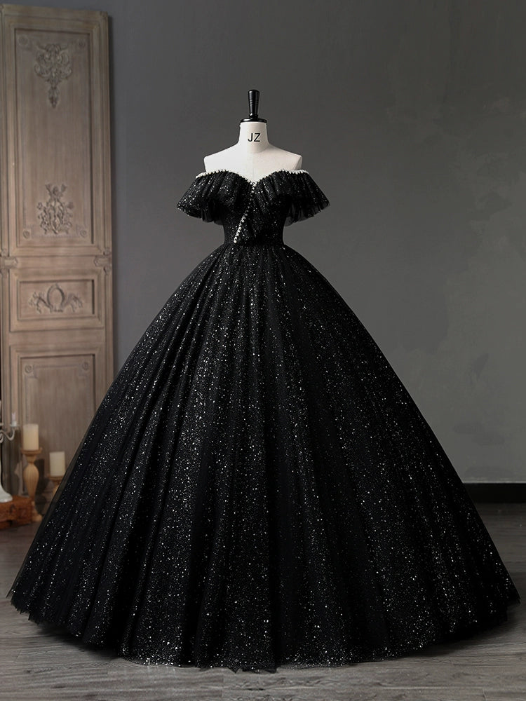 A-Line Sweetheart Neck Tulle Sequin Black Long Prom Dress, Black Long