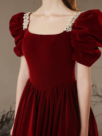 Burgundy A-Line Velvet Beads Long Prom Dress, Burgundy Long Formal Dress