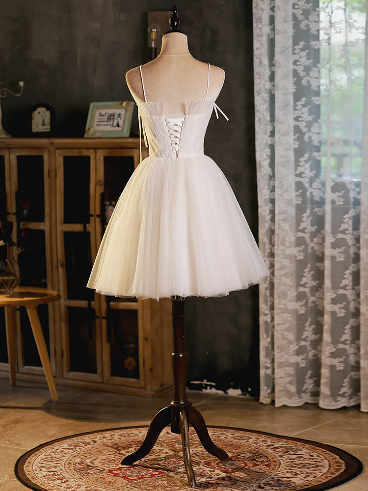 A-Line Beige Tulle Short Prom Dress, Beige Cute Homecoming Dress