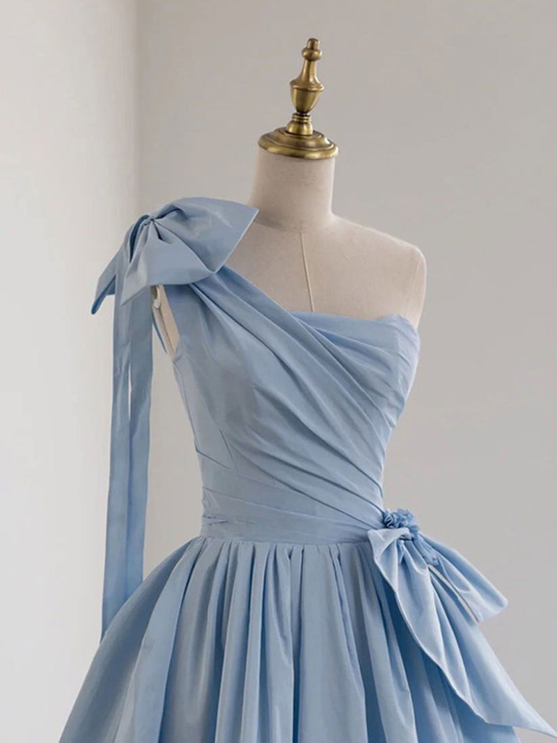A-Line One Shoulder Satin Blue Long Prom Dresses
