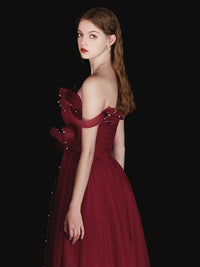 A-Line Off Shoulder Tulle Long Burgundy Prom Dress, Burgundy Long Formal Dress