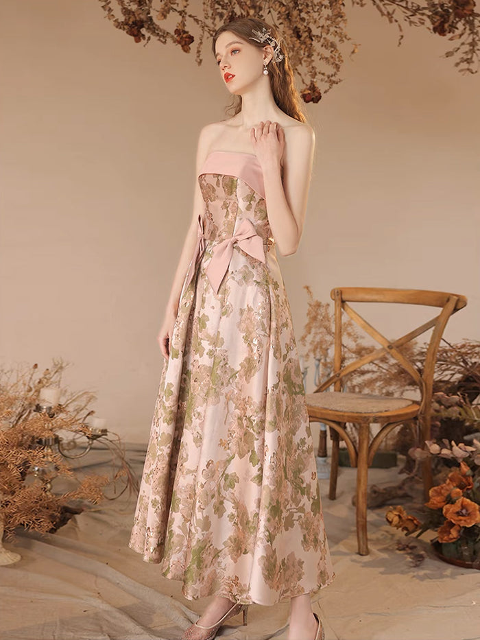 Simple A-Line Satin Tea Length Pink Prom Dress, Pink Formal Dress
