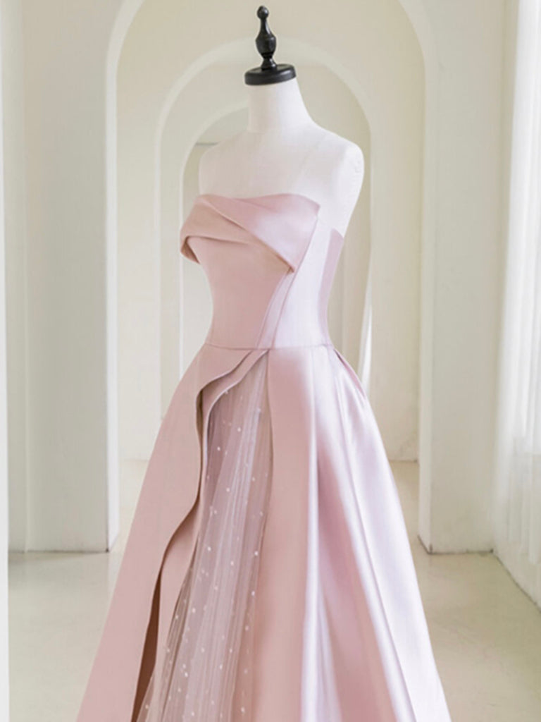 A-Line  Satin Tulle Pink Long Prom Dress, Pink Long Formal Dress