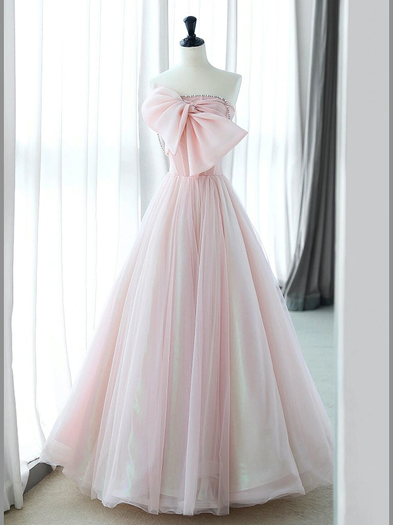 A-Line Pink Organza Long Prom Dress, Pink Long Formal Dress