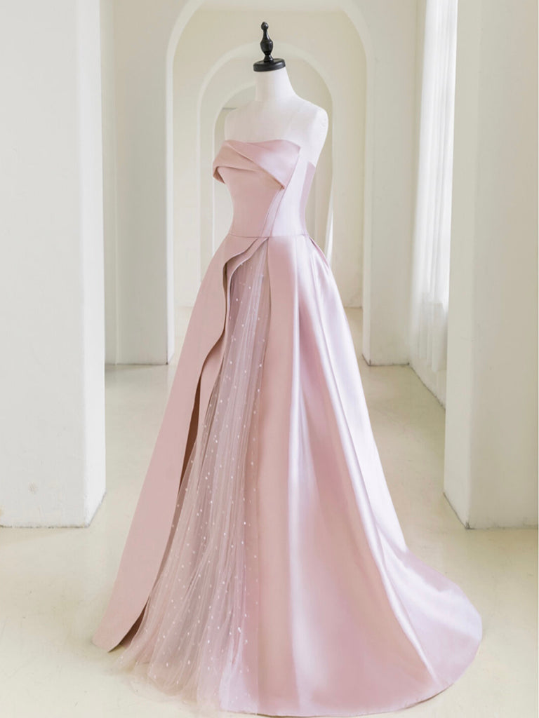 A-Line Satin Tulle Pink Long Prom Dress, Pink Long Formal Dress toptby A-Line Satin Tulle Pink Long Prom Dress, Pink Long Formal Dress toptby