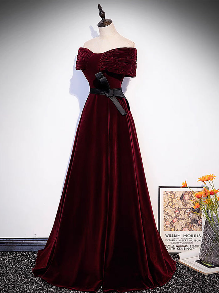A-Line Off Shoulder Velvet Burgundy Long Prom Dress, Burgundy Long Formal Dress