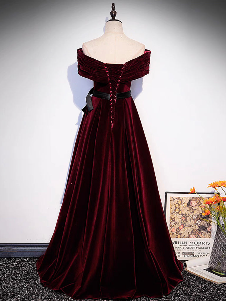A-Line Off Shoulder Velvet Burgundy Long Prom Dress, Burgundy Long Formal Dress
