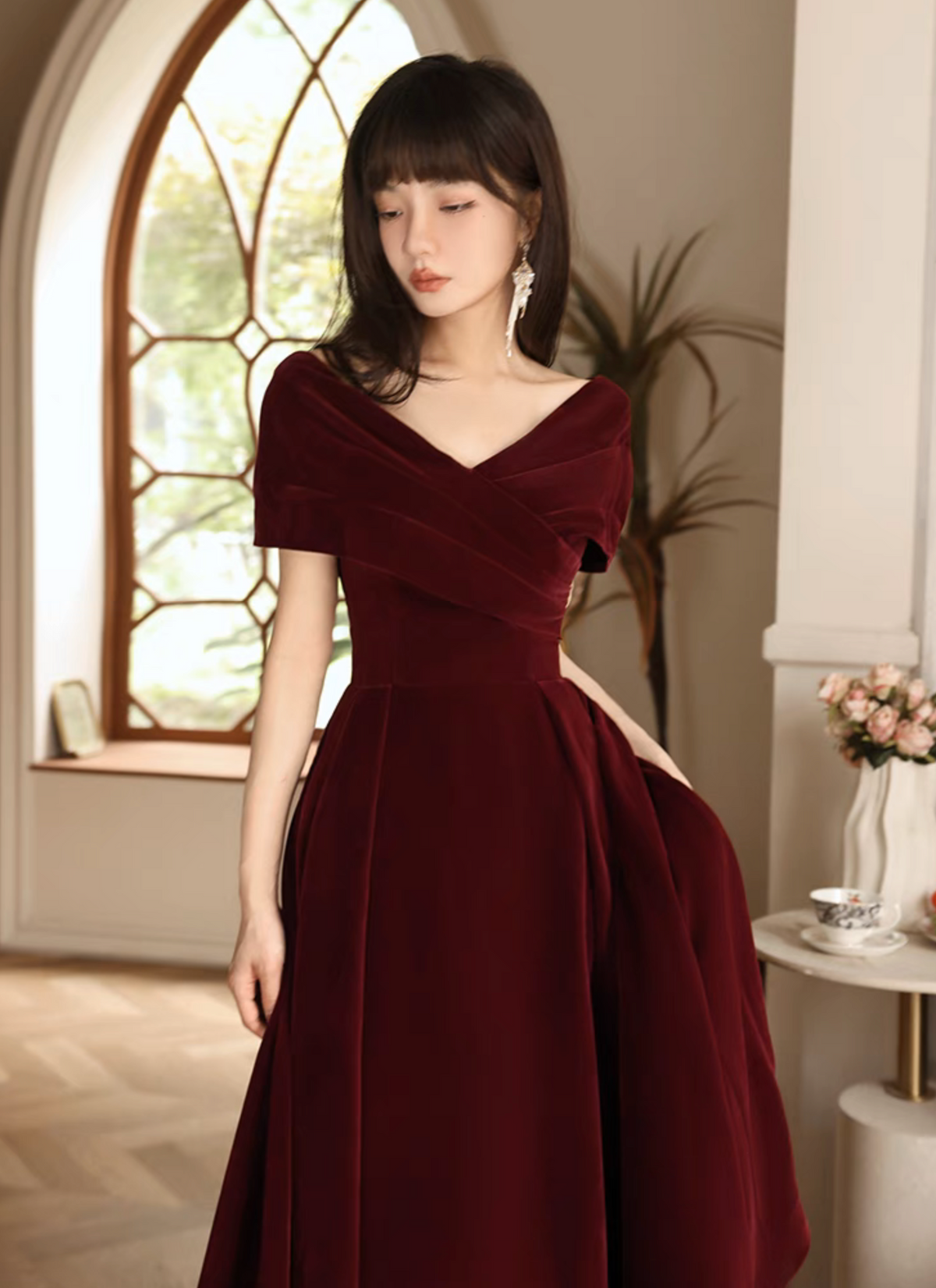 Simple V Neck Velvet Burgundy Long Prom Dress, Burgundy Long Formal Dress