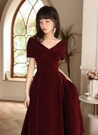 Simple V Neck Velvet Burgundy Long Prom Dress, Burgundy Long Formal Dress