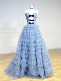 A-Line Sweetheart Neck Polka Dots Tulle Blue Long Prom Dress, Blue Long Formal Dress