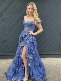 Blue Off Shoulder Tulle Sequin Long Prom Dress, Blue Sequin Long Formal Dress