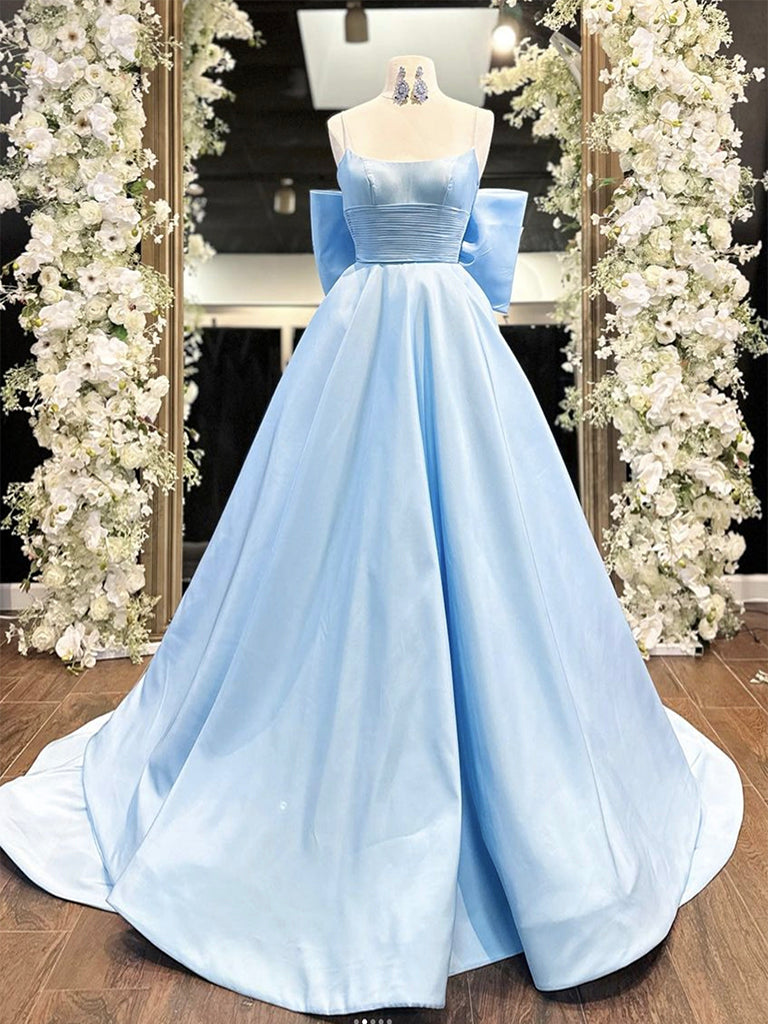 Simple A-Line Satin Blue Long prom Dress, Blue Long Formal Dress – toptby