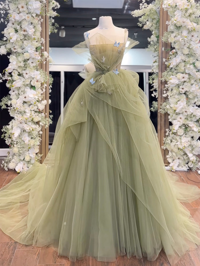 A-Line  Tulle Green Long Prom Dress, Green Tulle Long Sweet 16 Dress