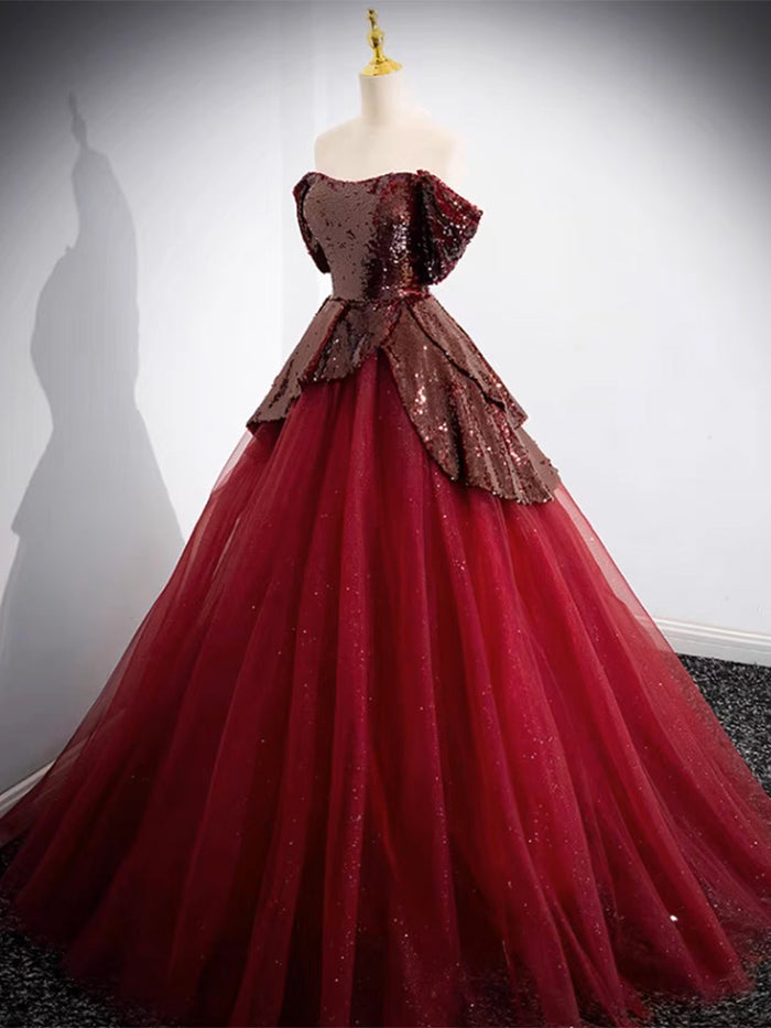 A-Line Off Shoulder Tulle Sequin Burgundy Long Prom Dress, Burgundy Evening Dress