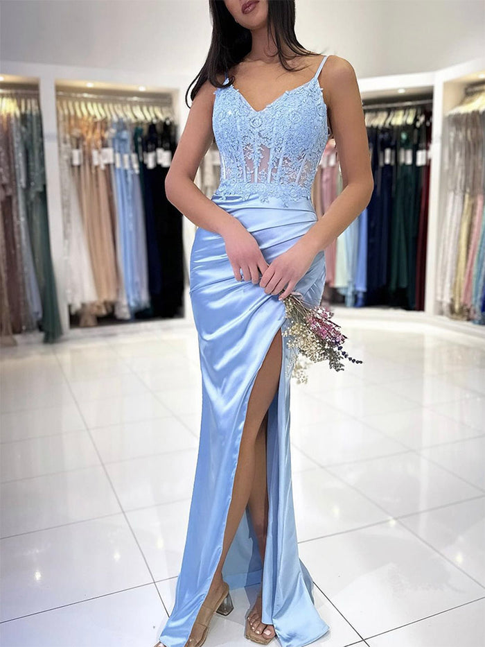 Mermaid Lace Satin Blue Long Prom Dress, Blue Lace Long Formal Dress