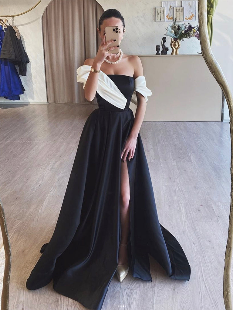 A-Line Satin Off Shoulder Black/White Long Prom Dress, Black/White Evening Dress