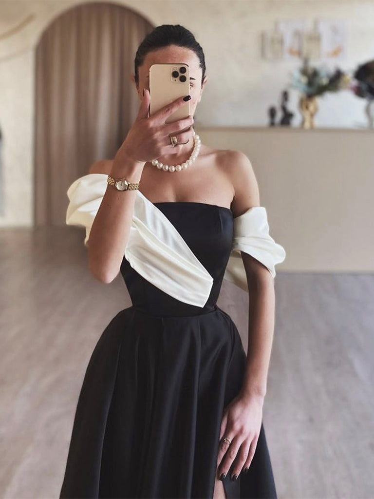 A-Line Satin Off Shoulder Black/White Long Prom Dress, Black/White Evening Dress