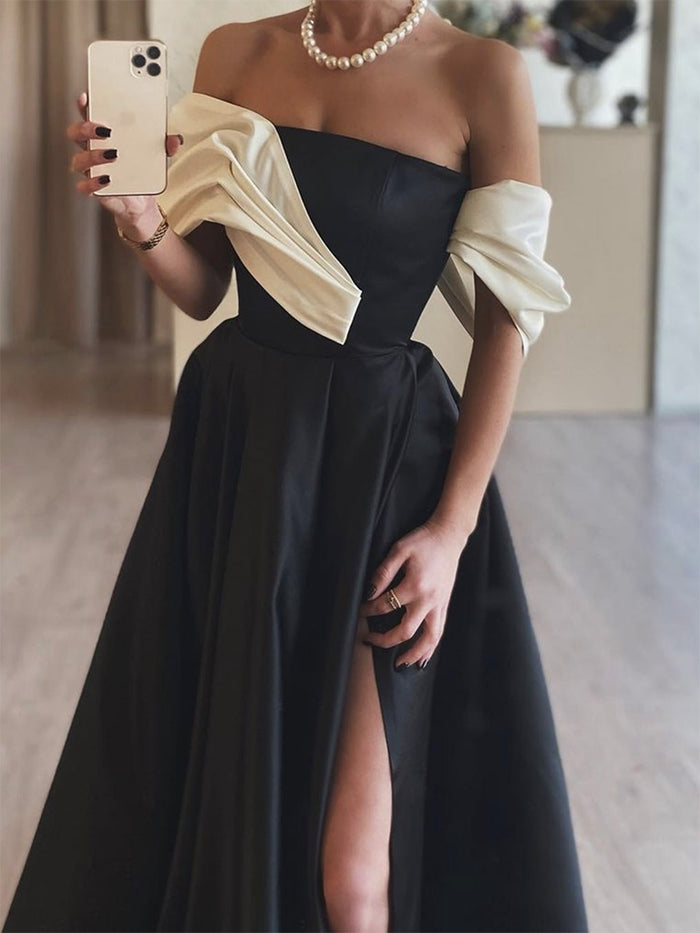 A-Line Satin Off Shoulder Black/White Long Prom Dress, Black/White Evening Dress