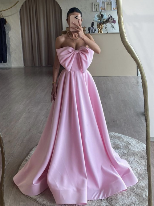 Cute A-Line Pink Satin Long Prom Dresses VK24022102