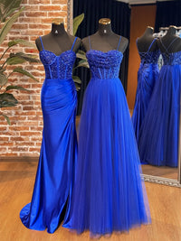 A-Line Sweetheart Neck Tulle Sequin Blue Long Prom Dress, Blue Long Formal Dress