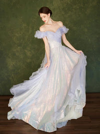 A-Line Sweetheart Neck Tulle Sequin Off Shoulder Purple Long Prom Dress