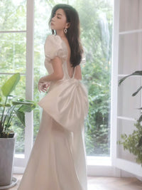 Simple Puff Sleeves Satin Mermaid White Long Prom Dress, White Long Formal Dress