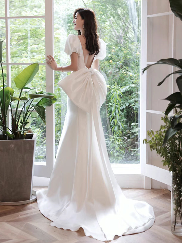 Simple Puff Sleeves Satin Mermaid White Long Prom Dress, White Long Fo – toptby