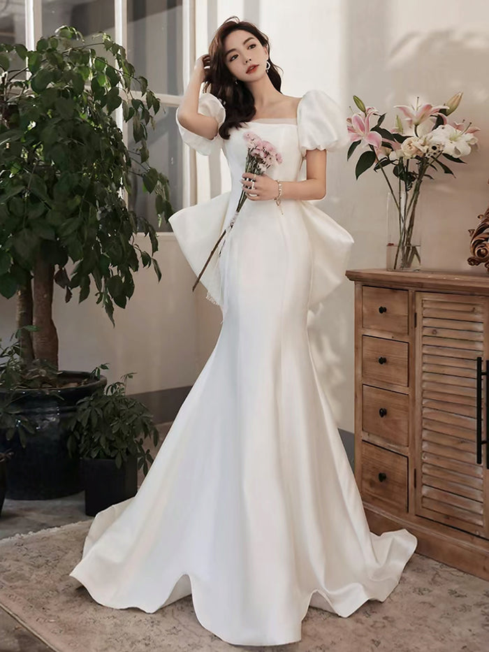 Simple Puff Sleeves Satin Mermaid White Long Prom Dress, White Long Formal Dress