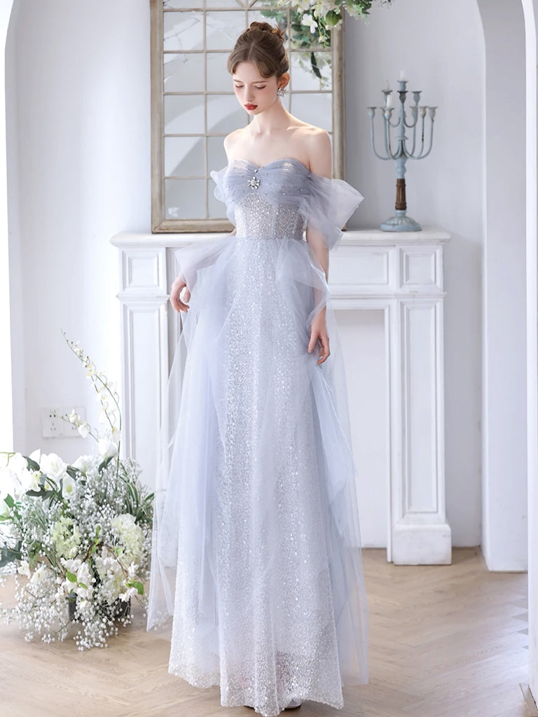gray off the shoulder prom dress Gray Tulle A-line Off-the-Shoulder Long Prom Dresses, Evening Gowns, MP715