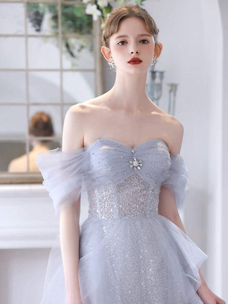 gray off the shoulder prom dress Silver Off-Shoulder Long Sequin Formal Dress -PromGirl Silver / 6