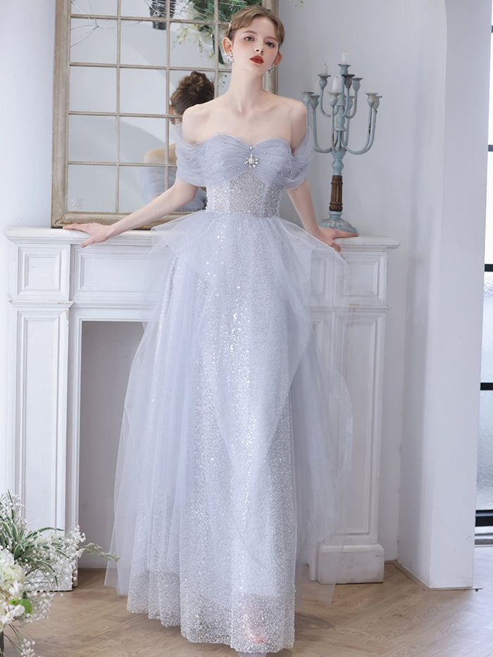 A-Line Off Shoulder Tulle Sequin Gray Long Prom Dress, Gray Sweet 16 Dress
